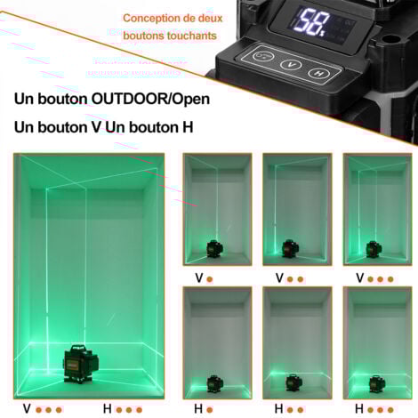Niveau Laser,  360° 4D 16 lignes vertes  Auto-nivellement 3°, Peut être contrôlé par une télécommande, avec 2 batteries et un trépied télescopique en aluminium de 1,2 m, Vert