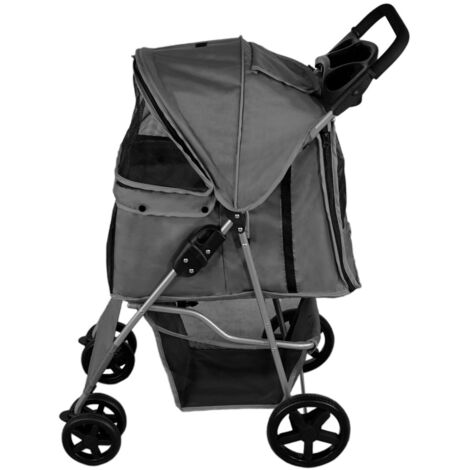 Pet Stroller Pushchair Grey Carrier Foldable Trolley Travel Cart 15kg Capacity 4 Wheels Brakes Cat Dog Safety Snap Hook Leash Cushion Canopy Mesh Windows Basket Cup Holders FREE Waterproof Rain Cover