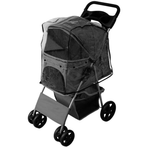Pet Stroller Pushchair Grey Carrier Foldable Trolley Travel Cart 15kg Capacity 4 Wheels Brakes Cat Dog Safety Snap Hook Leash Cushion Canopy Mesh Windows Basket Cup Holders FREE Waterproof Rain Cover