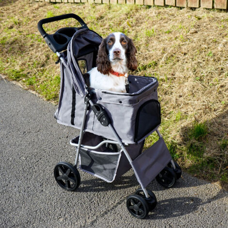 Pet Stroller Pushchair Grey Carrier Foldable Trolley Travel Cart 15kg Capacity 4 Wheels Brakes Cat Dog Safety Snap Hook Leash Cushion Canopy Mesh Windows Basket Cup Holders FREE Waterproof Rain Cover