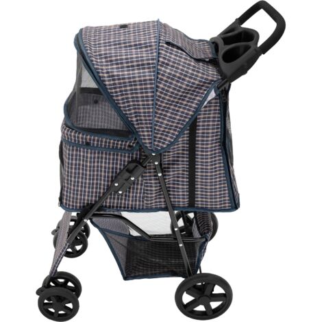 Pet Stroller with Rain Cover – Blue Tartan