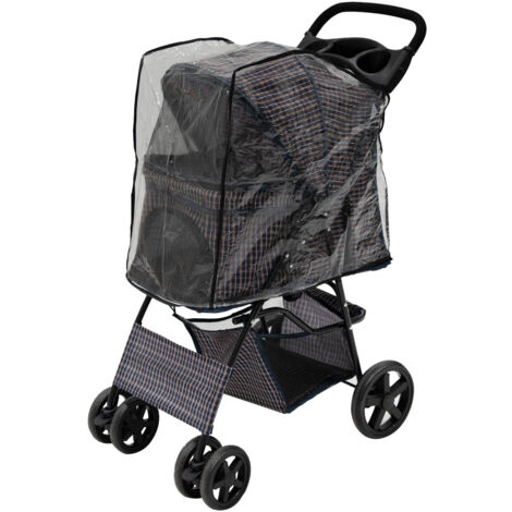 Pet Stroller with Rain Cover – Blue Tartan