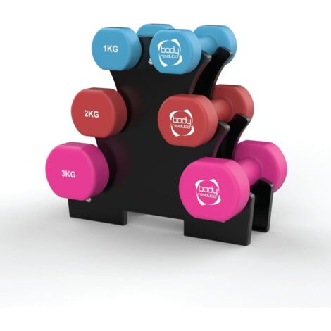 12kg Neoprene Dumbbell Set with Rack Coated Cast Iron Dumbbells, (1/5)