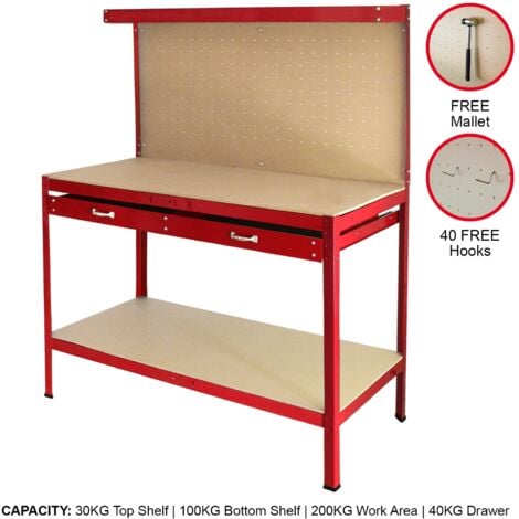 Workbench With Pegboard And Drawer In Red