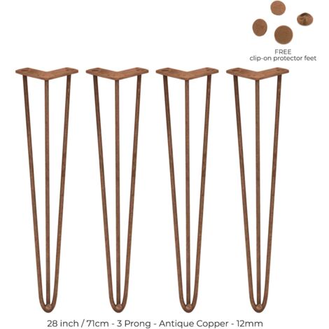 4 x 28" Hairpin Legs - 3 Prong - 12mm - Antique Copper