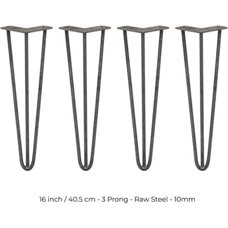 4 x 16" Hairpin Legs - 3 Prong - 10mm - Raw Steel