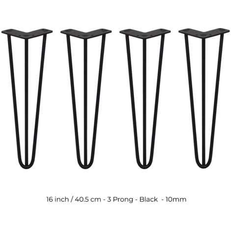 4 x 16" Hairpin Legs - 3 Prong - 10mm - Black