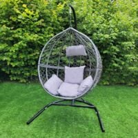 Swing Hanging Egg Chair Rattan Bench Garden Patio Outdoor Indoor Furniture Hammock Basket Seat Grey | with Cushions, Waterproof Cover and Stand