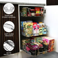 KuKoo 6 x Kitchen Pull Out Soft Close Baskets, 300mm Wide Cabinet, Slide Out Wire Storage Drawers - Silver