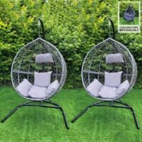 Swing Hanging Egg Chair Rattan Bench Garden Patio Outdoor Indoor Furniture Hammock Basket Seat Grey | with Cushions, Waterproof Cover and Stand - Grey