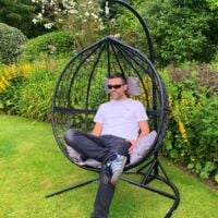 Swing Hanging Egg Chair Rattan Bench Garden Patio Outdoor Indoor Furniture Hammock Basket Seat Black | with Cushions, Waterproof Cover and Stand - Black