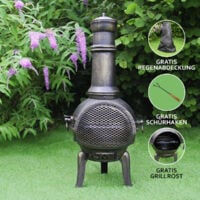 Chiminea Outdoor Patio Heater Garden Log Fire Pit Burner Wood Cast Iron Chimney Chimenea BBQ Frost Proof Spark Guard Rain Cover Poker Barbeque Toasting Rack - Grey