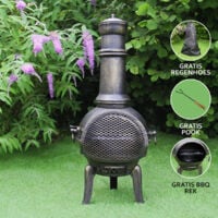 Chiminea Outdoor Patio Heater Garden Log Fire Pit Burner Wood Cast Iron Chimney Chimenea BBQ Frost Proof Spark Guard Rain Cover Poker Barbeque Toasting Rack - Grey