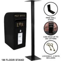 Royal Mail Post Box with Floor Stand ER Cast Iron Wall Mounted Wedding Authentic Pillar Replica Lockable Post Office Letter Box Black - Black
