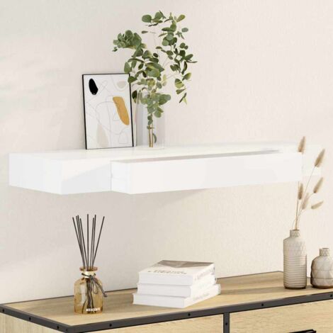 White MDF Floating Wall Display Shelf 1 Drawer Book/DVD Storage (1/5)