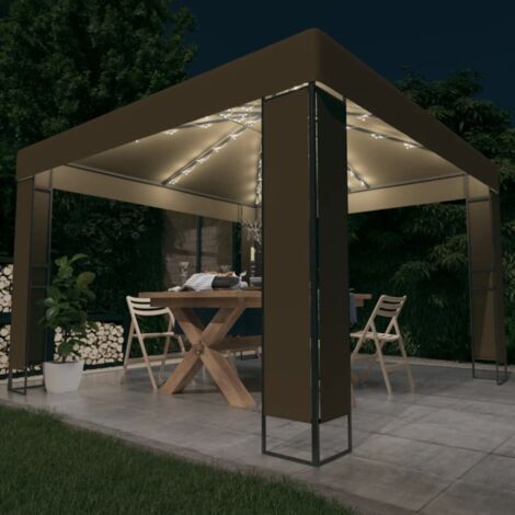 Pavillon mit Doppeldach & LED-Lichterkette 3x3x2,7 m Taupe vidaXL