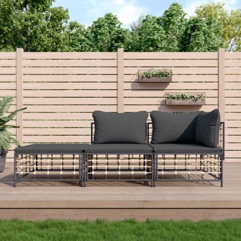vidaXL Gartenlounge 3 Teile mit anthrazitfarbenen Kissen aus geflochtenem Kunststoff