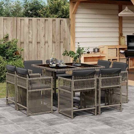 vidaXL Gartenset 9-teilig mit grauen Kissen aus geflochtener Kunstfaser