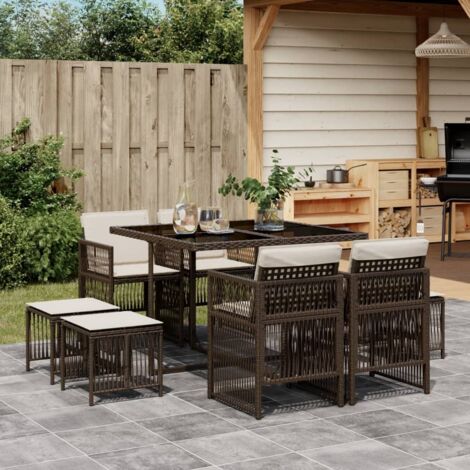 vidaXL 9-tlg. Garten-Essgruppe mit Kissen Braun Poly Rattan (1/5)