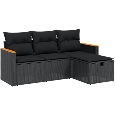 vidaXL 4 Piece Garden Sofa Set with Cushions Black Poly Rattan