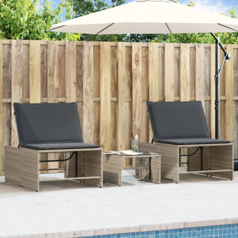 vidaXL Modular Sun Loungers 2 pcs with Table Light Grey Poly Rattan