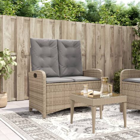 vidaXL Reclining Garden Bench with Cushions Beige Poly Rattan