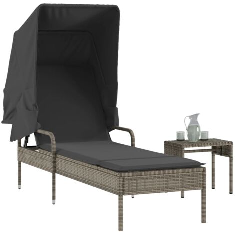 vidaXL Sonnenliege mit Dach und Tisch Grau Poly Rattan