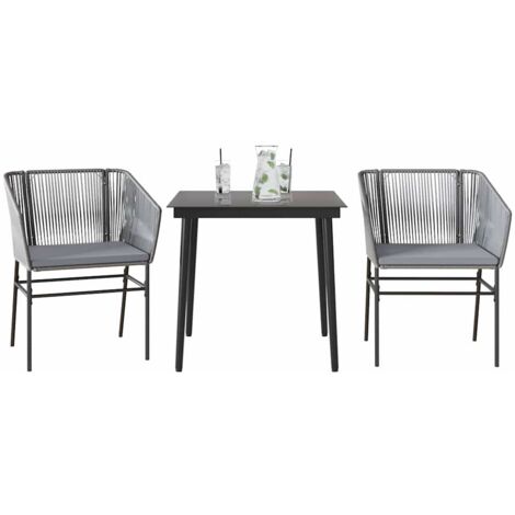 vidaXL 3-tlg. Garten-Essgruppe mit Kissen Grau Poly Rattan Glas