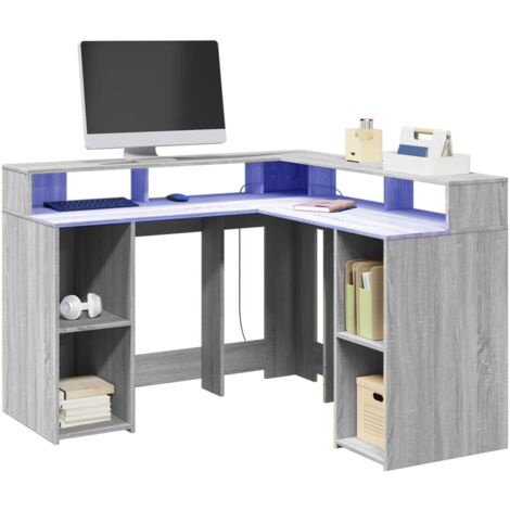 vidaXL LED-Schreibtisch Grau Sonoma 130x130x91 cm Holzwerkstoff