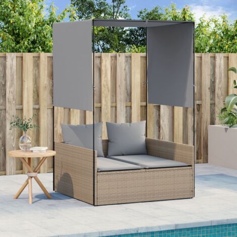 vidaXL Double Sun Lounger with Roof and Curtains Beige Poly Rattan