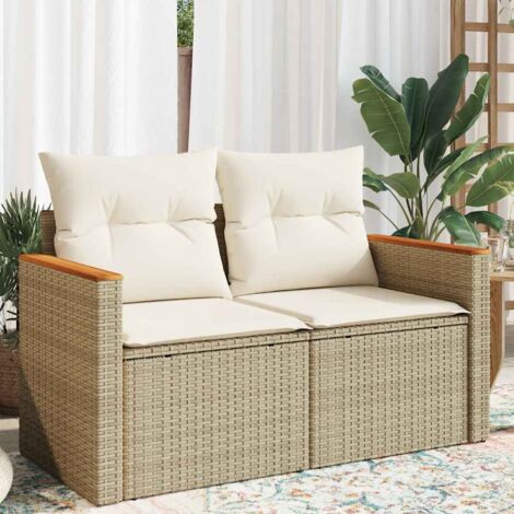 Gartensofa mit Kissen 2-Sitzer Beige Poly Rattan vidaXL