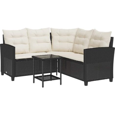 vidaXL Gartensofa in L-Form mit Tisch und Kissen Schwarz Poly Rattan