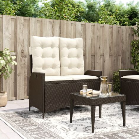 vidaXL Reclining Garden Bench with Cushions Brown Poly Rattan