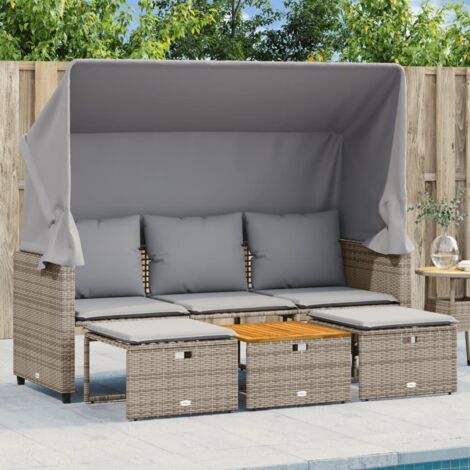 vidaXL Garden Sofa 3-Seater with Canopy and Stools Grey Poly Rattan