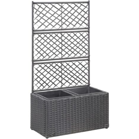 vidaXL Trellis Raised Bed with 2 Pots 58x30x107 cm Poly Rattan Black