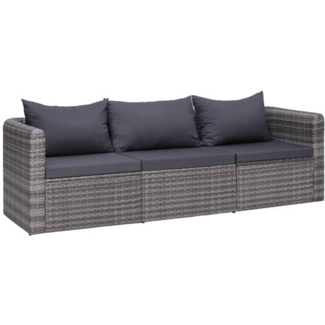 vidaXL 3-tlg. Garten-Sofagarnitur mit Kissen Grau Poly Rattan