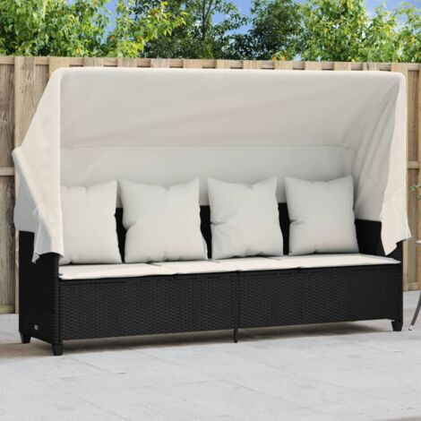 vidaXL Sun Lounger with Canopy and Cushions Black Poly Rattan