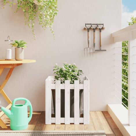 vidaXL Garden Planter with Fence Design White 50x50x50 cm Solid Wood Pine