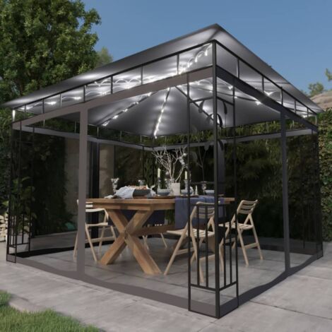vidaXL Gazebo with Mosquito Net&LED String Lights 3x3x2,73m Anthracite (47972+315536)