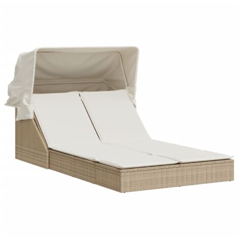 Doppelliege mit Sonnendach und Kissen beige Polyrattan