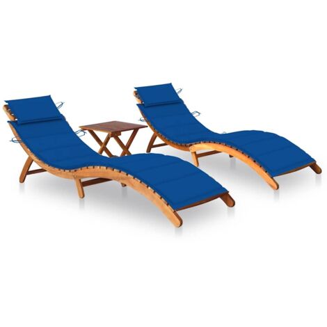 vidaXL Sun Loungers 2 pcs with Table and Cushions Solid Acacia Wood