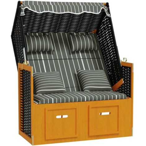 Strandkorb mit Kissen Poly Rattan & Massivholz Schwarz & Grau vidaXL