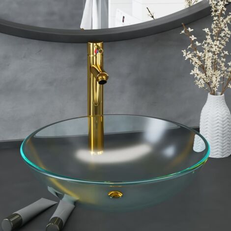 vidaXL Bathroom Sink with Tap and Push Drain Frosted Tempered Glass (142230+149089+149062)
