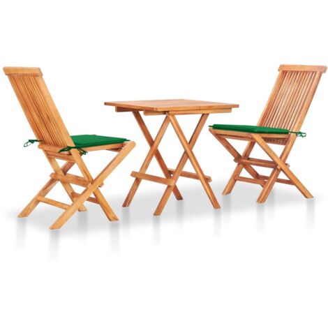 vidaXL 3 Piece Bistro Set with Green Cushions Solid Teak Wood (1/5)