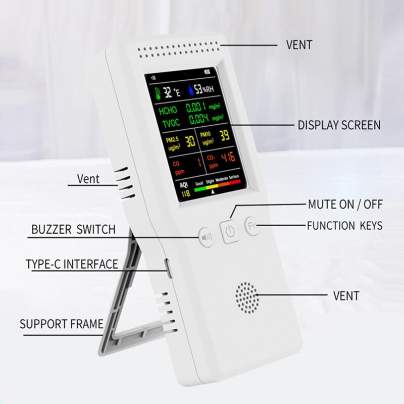 Rilevatore Di Qualità Dell'aria Oniissy 9 In 1 – Misura PM2.5, HCHO, TVOC, Temperatura E Umidità, Con Allarme E Connettività Bluetooth