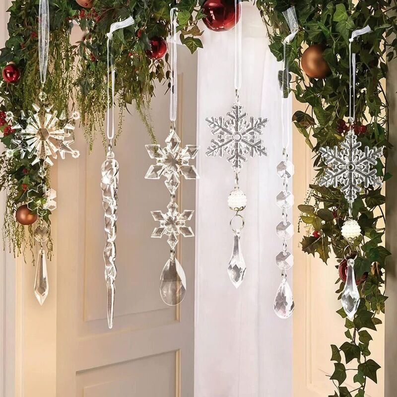 10 pezzi di fiocchi di neve natalizi in acrilico, ornamenti da appendere per albero, festa di Capodanno, senza elettricità, decorazioni festive glitterate
