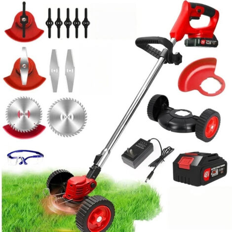 Decespugliatore elettrico a batteria da 96 V, tagliabordi a batteria con 1 batteria e caricabatteria rapido, tagliabordi con ruote, tre tipi di lame, leggero e silenzioso, per la potatura del giardino (1/5)