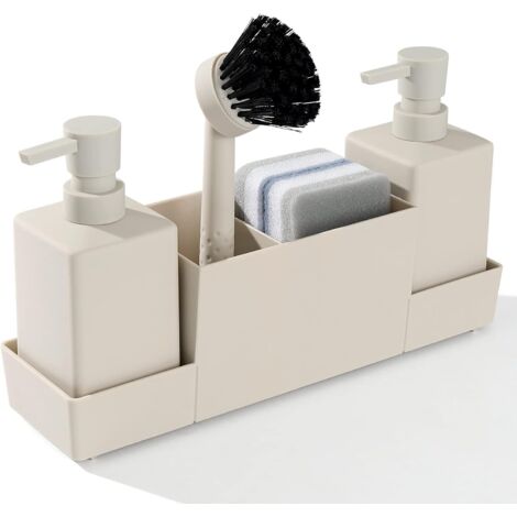 Dispenser di sapone da cucina con porta spugna per lavello, dispenser di sapone per le mani e detersivo per i piatti con spazzola, beige opaco (1/5)