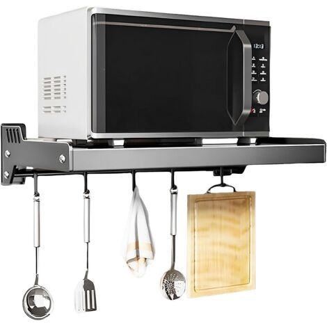 Mensola per forno a microonde da parete, portapentole in acciaio inox con ganci scorrevoli (gancio grigio)