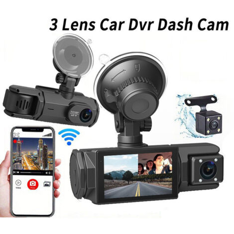Dashcam per auto 4K WiFi anteriore posteriore interno, scheda SD da 64 GB, dash cam FHD 2160P+1080P+1080P a 3 canali, tripla telecamera per auto a 360° su tutti i lati, sensore G, WDR, visione notturn